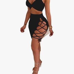 2 piece sexy club set v- neck top with tie lace skirt